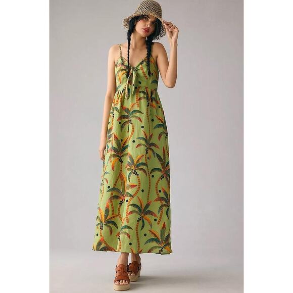 FARM RIO Women's Tie-Front Linen Dress Size S In Green - Picture 1 of 15
